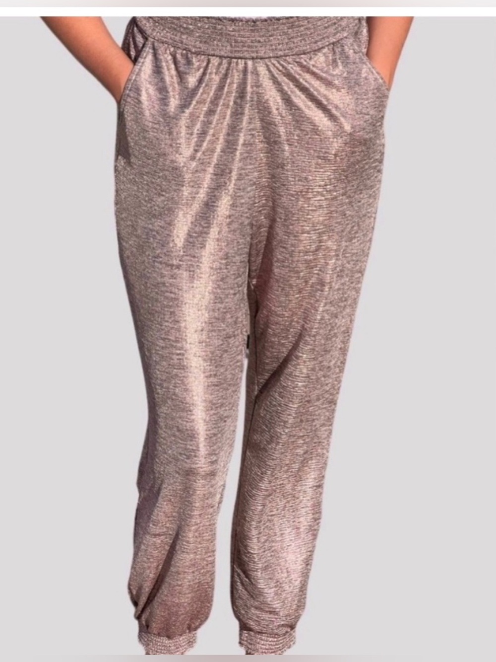 Anthropologie Melora Rose Gold Metallic Elastic High Waist Harem Joggers S